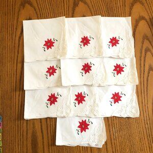 Christmas White Napkins With Red Poinsettia Embroidery Set of 10